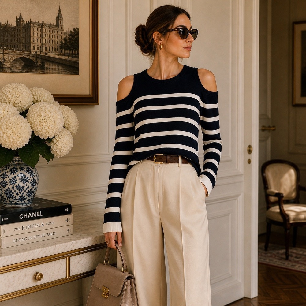 Tommy Hilfiger Cold Shoulder Striped Sweater Navy White Rayon M Preppy Nautical